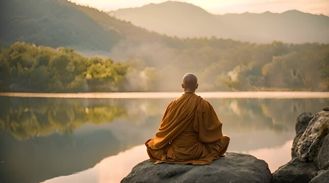 a monk meditation on rock at lake, seamless looping