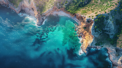 Aerial shot of vibrant green cliffs descending into the stunning turquoise waters of a serene...