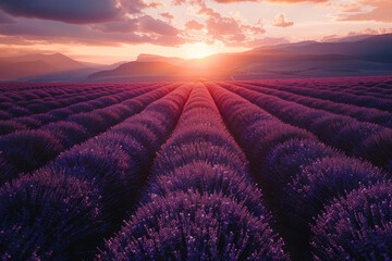 The warm sunset bathes purple lavender fields in a soft, enchanting light, highlighting the beauty...
