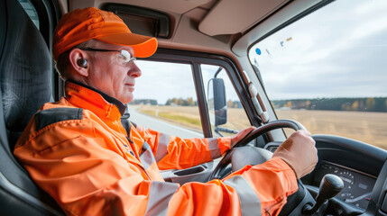 A focused professional truck driver in high-visibility clothing navigates the road, ensuring safe and reliable transportation. - obrazy, fototapety, plakaty