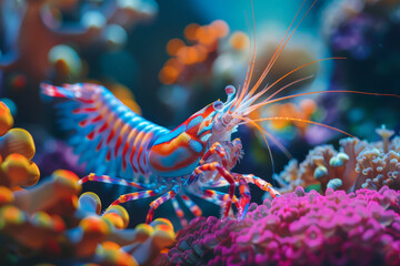 Two vibrant peacock mantis shrimps stand out among the coral reef, showcasing their striking colors and intricate patterns.. - obrazy, fototapety, plakaty