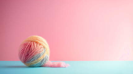 Colorful single wool ball on a light pink and blue background. Pastel colors. Minimal product promotion. Small business idea.