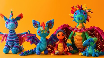 Whimsical illustration of crochet amigurumi creatures wearing vibrant ponchos a majestic amigurumi dragon with a fiery cape stands guard