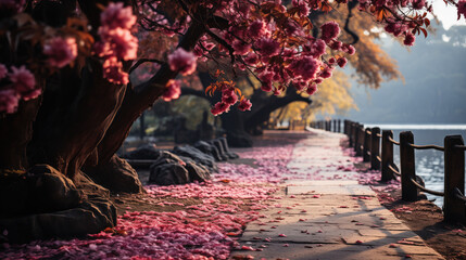 an alley by the pond, strewn with pink petals of blossoming sakura trees