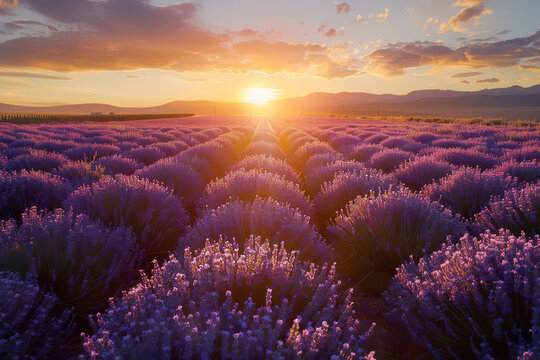 The warm sunset bathes purple lavender fields in a soft, enchanting light, highlighting the beauty of the floral landscape..