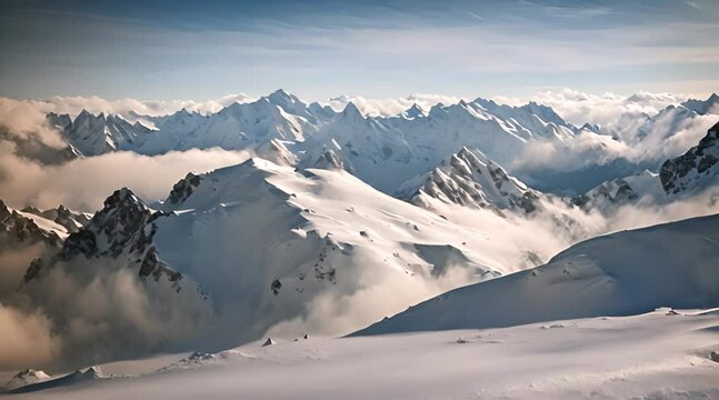 A snowy mountain tops with clouds in the background