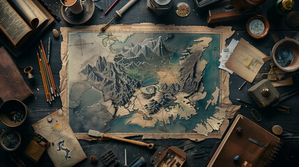 Overhead view of a drawing desk with an intricate fantasy map in progress, - obrazy, fototapety, plakaty