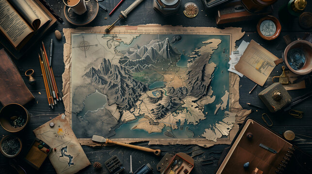 Overhead view of a drawing desk with an intricate fantasy map in progress,