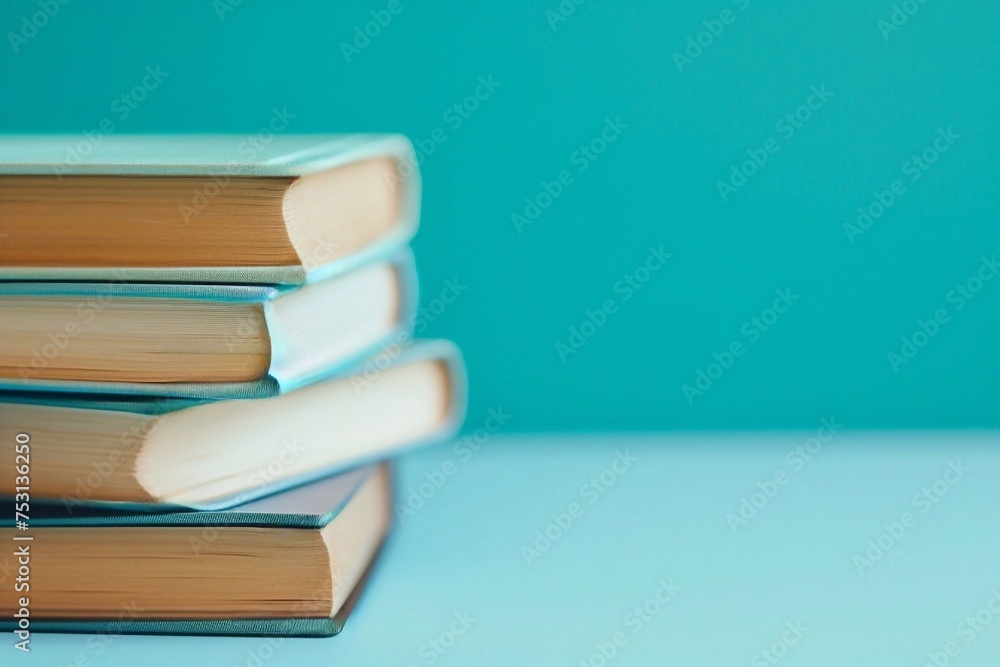 Poster stack of books on the table. a stack of books on a turquoise background. copy space for text.