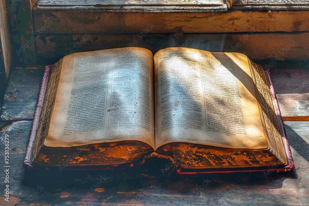 Aufkleber old book on a wooden table in the rays of the sun in a rustic style