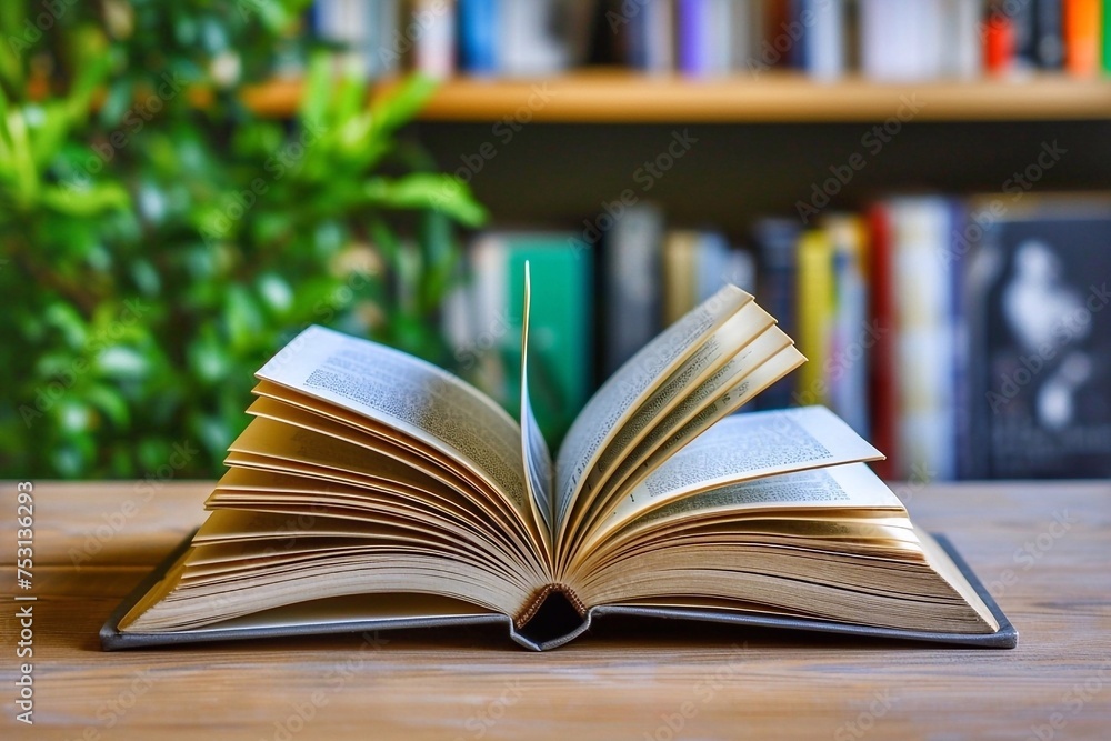 Poster open book on a wooden table with a library bookshelf in the background.