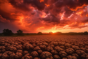 Vibrant Evening Glow: A stunning nature landscape featuring a radiant sunset over a vast field, with a colorful sky, sun, clouds, and the soothing ambiance of orange and red hues blending seamlessly 