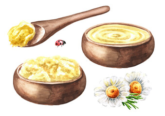 Melted butter in a wooden bowl set, Hand  drawn watercolor illustration, isolated on white background