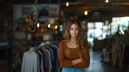 young woman fashion business owner posing at a clothing store.