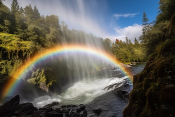 Rainbow gracefully arches over a cascading waterfall, painting a vivid natural scene with elements of water, sky, and lush landscape, capturing the beauty of nature's display in Canada