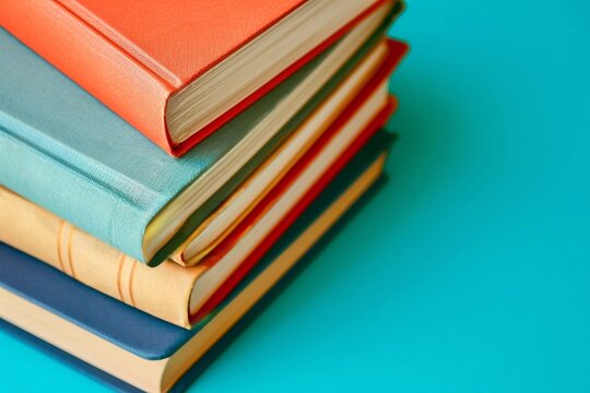 Stack of colorful books on blue background. Back to school concept. Copy space.