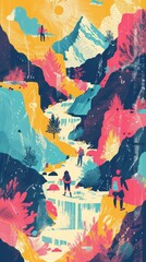 Adventure graphics in bold colors featuring backpackers globetrotters and thrillseekers exploring the unknown