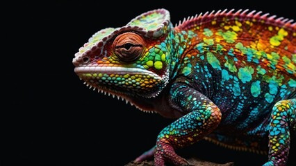 Fototapeta premium multicolored chameleon with iridescent skin in speckles over black background