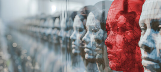 a row of 3D sculpted faces representing digital identity, facial recognition and biometrics, with copy space - obrazy, fototapety, plakaty
