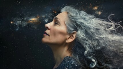 A woman with grey hair standing with stars in the background.