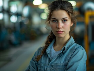 Obraz premium Female Worker in Factory Blue Background