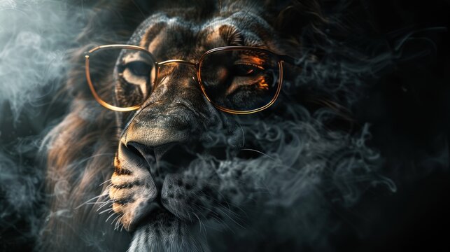Artistic render of a lion wearing glasses enveloped in smoke deeply engaged in a strategic meeting leadership aura