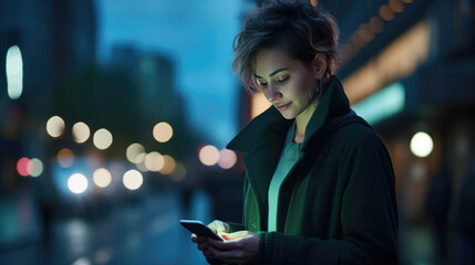 Young woman in a green jacket is focused on her smartphone at night with city lights creating a bokeh effect in the background. - obrazy, fototapety, plakaty