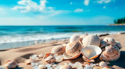 View of the seashore. Yellow sandy beach. Sunny sky with light clouds. Shells of mollusks and snails. Banner - obrazy, fototapety, plakaty