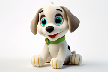 Playful cartoonish puppy toy, with floppy ears and bright eyes, set against a pure white surface, inviting playfulness.