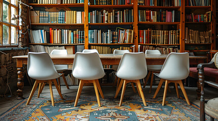 
a row of white chairs sitting in front of a bookshelf, 