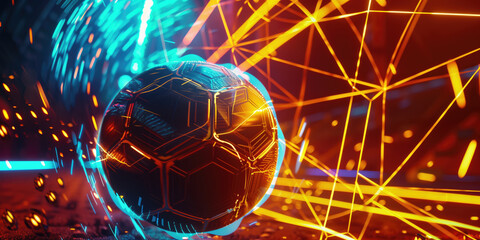A dynamic and futuristic soccer ball with glowing patterns engaged in a digital and virtual reality environment.