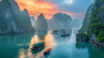 Traditional Vietnamese boats float on the tranquil waters of Halong Bay under a captivating sunset behind limestone karsts.. - obrazy, fototapety, plakaty
