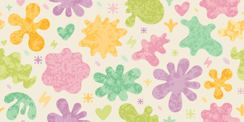 Retro pattern with flowers and abstract shapes in y2k style. Groovy background, seamless pattern with cute simple shapes and paint splashes. Spring floral wallpaper with texture, vector illustration