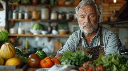 55 year old man, in a close-up with lots of white light, standing in a kitchen behind a linear white countertop above kitchen objects and vegetables and in the background 