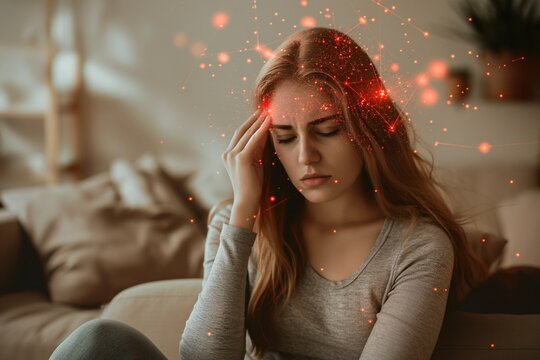 A young woman is sitting on the couch with a headache, migraine and upset