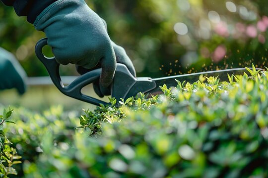 The gardener cuts the bosket grass, prunes smooth bushes