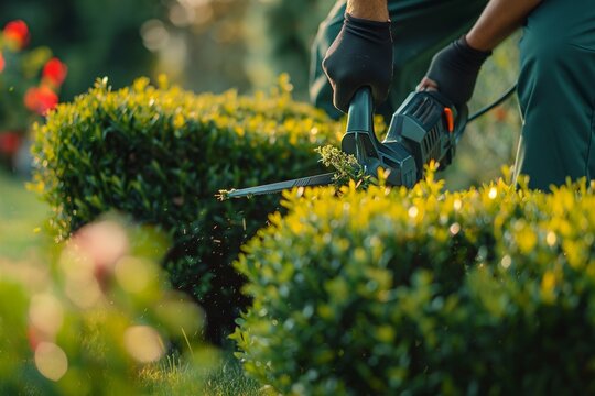 The gardener cuts the bosket grass, prunes smooth bushes