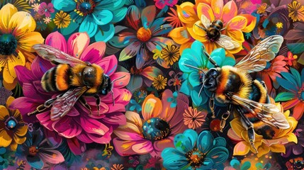 Animated scene of a lush garden bees flying from flower to flower pollination in action vibrant and...