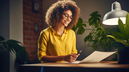 Woman at a desk in an office environment, attentively reading documents with a laptop open in front of her
