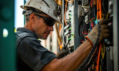 Checking voltage on electrical system. Technician working in an electrical main distribution board with electric cables - obrazy, fototapety, plakaty