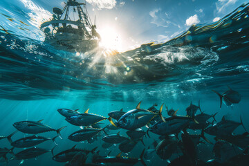 Fishermen on a small boat above a large school of fish captured in a stunning split underwater and above water shot in the open ocean.. - obrazy, fototapety, plakaty
