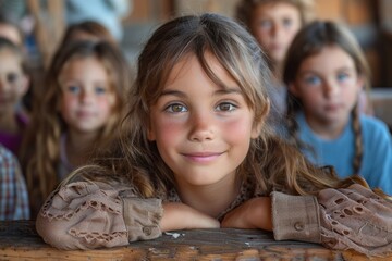 Captivating young girl with freckles, wide eyes, and an engaging smile leaning on a rustic wooden surface
