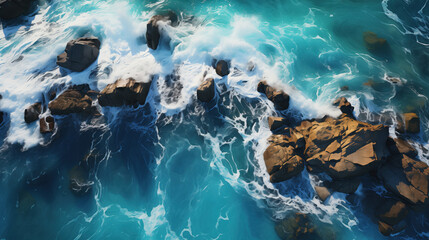 Turquoise sea with foaming waves washing the rocky shore.  Top view
