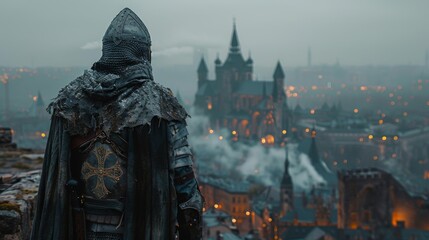 Back view of medieval knight looking at modern city. Time travel. Medieval formidable knight against city lights background  - obrazy, fototapety, plakaty