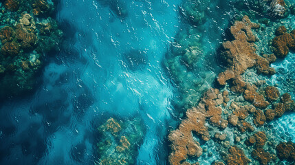Aerial view of a coral reef and clear blue water.