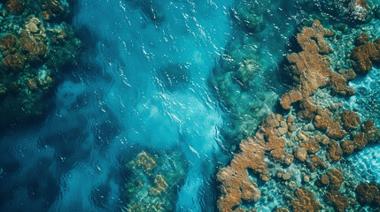 Fototapeta premium Aerial view of a coral reef and clear blue water.