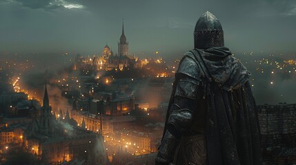 Back view of medieval knight looking at modern city. Time travel. Medieval formidable knight against city lights background 