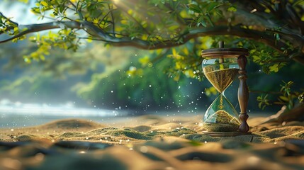 Rocky seashore and water with hoursglass sitting on some dirt. AI generated illustration