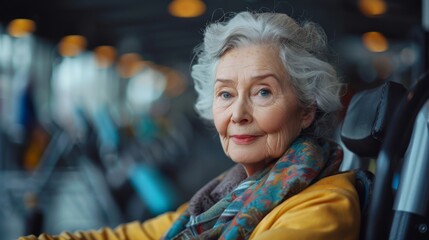 Close-up 75 year old woman working out in gym, clothes in complementary colors. She looks happy exercising. blurred background shows people on machines and rest of gym. Well lit scene. 