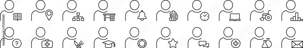 Poster set of thin line icons of unrecognizable user. editable stroke. simple linear illustration for web s